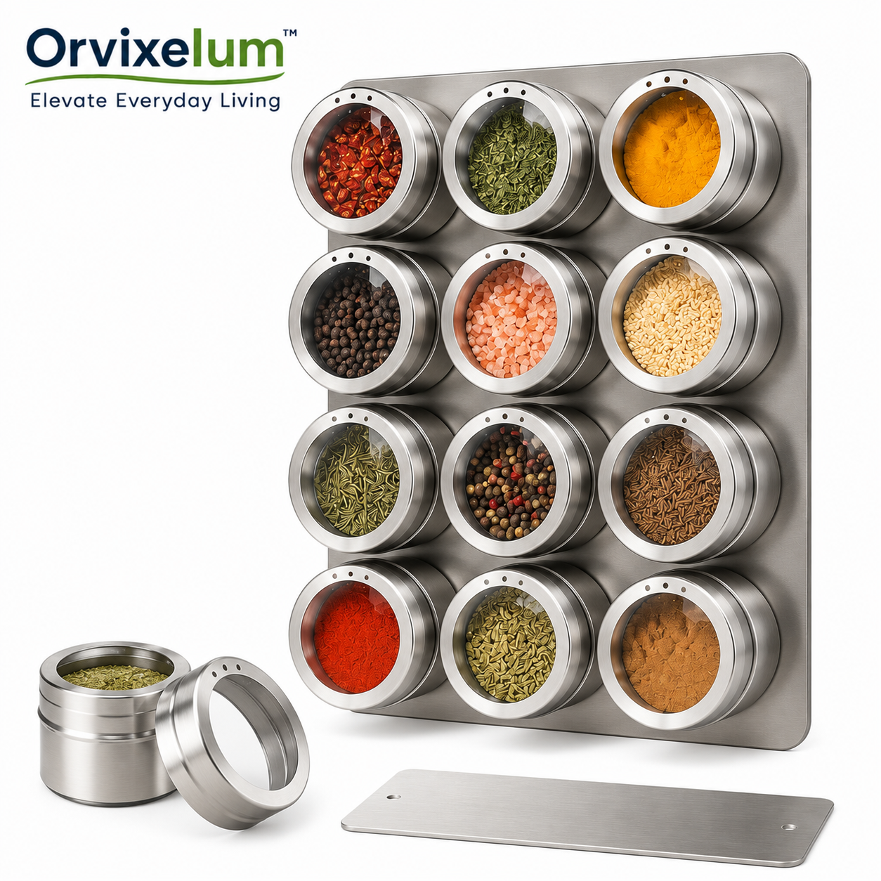 Orvixelum™ SpiceDock Magnetic Spice Jar Rack