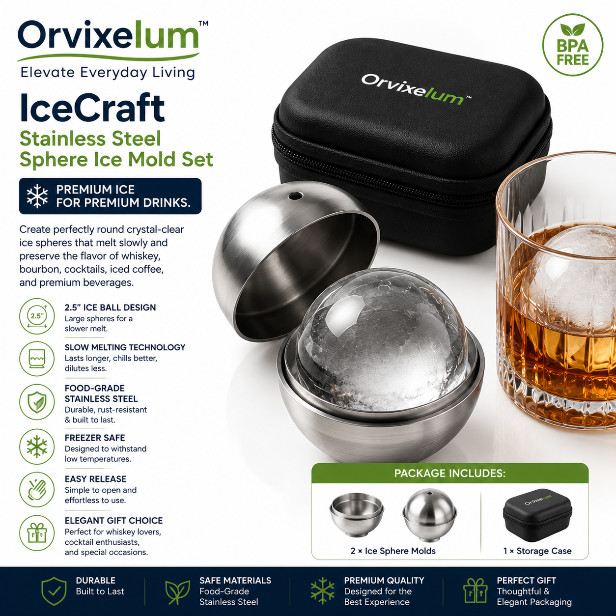Orvixelum™ IceCraft Stainless Steel Sphere Ice Mold Set