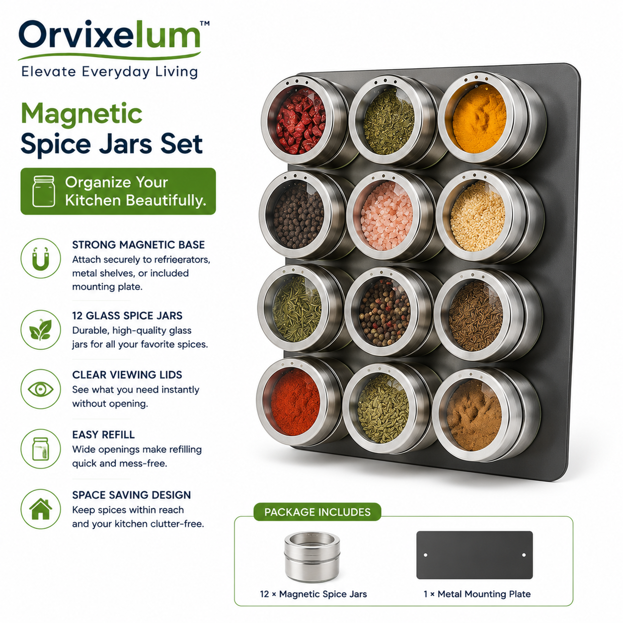 Orvixelum™ SpiceDock Magnetic Spice Jar Rack