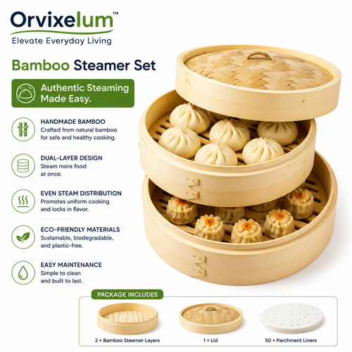 Orvixelum™ SteamFlow Bamboo Steamer Basket Set