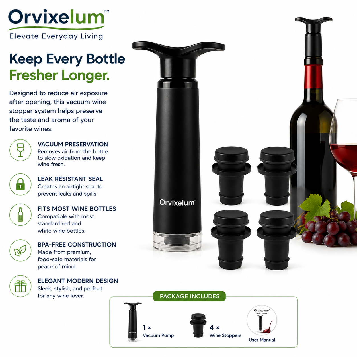 Orvixelum™ SnapSeal Vacuum Wine Stopper Kit